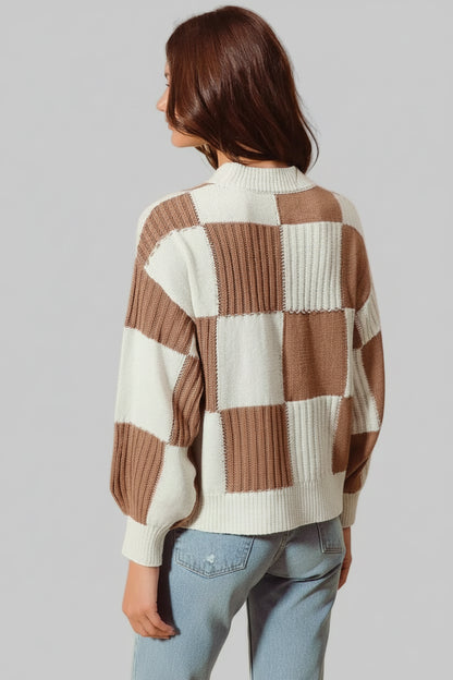 Bella Ribbed Color Block Checkered Sweater