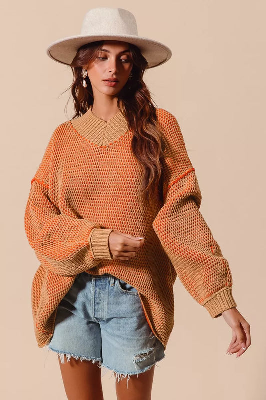 Bethany Oversized Two Tone Textured V Neck Sweater