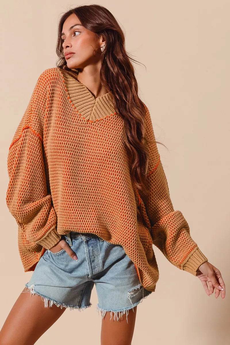 Bethany Oversized Two Tone Textured V Neck Sweater