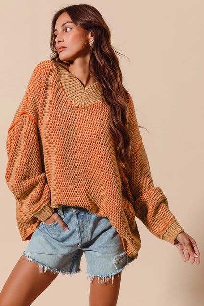 Bethany Oversized Two Tone Textured V Neck Sweater