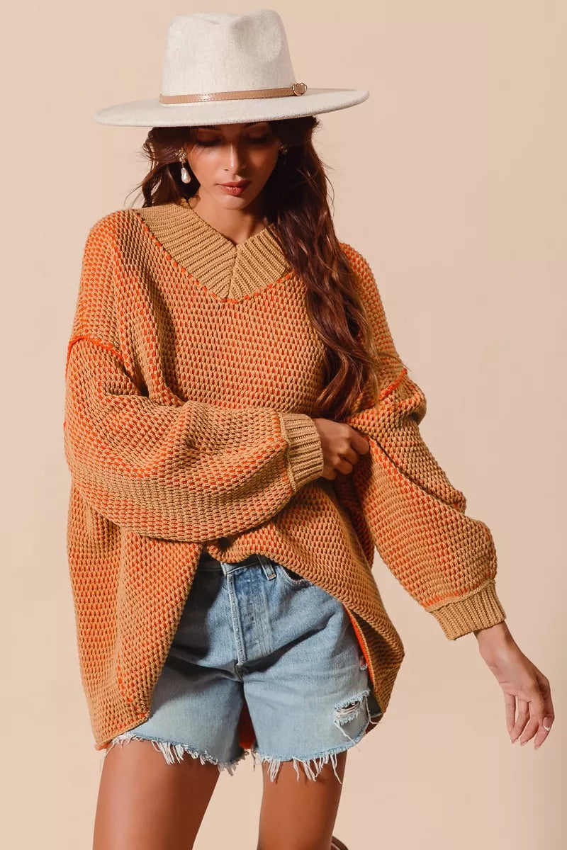 Bethany Oversized Two Tone Textured V Neck Sweater