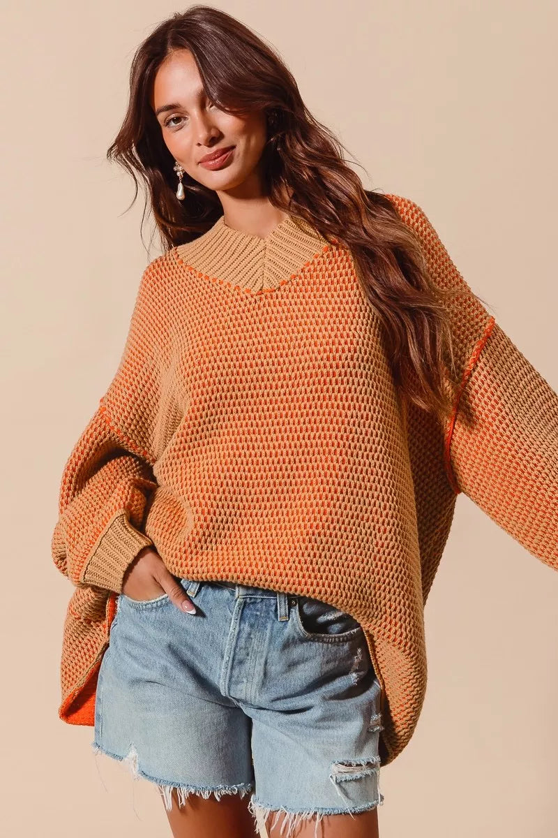 Bethany Oversized Two Tone Textured V Neck Sweater