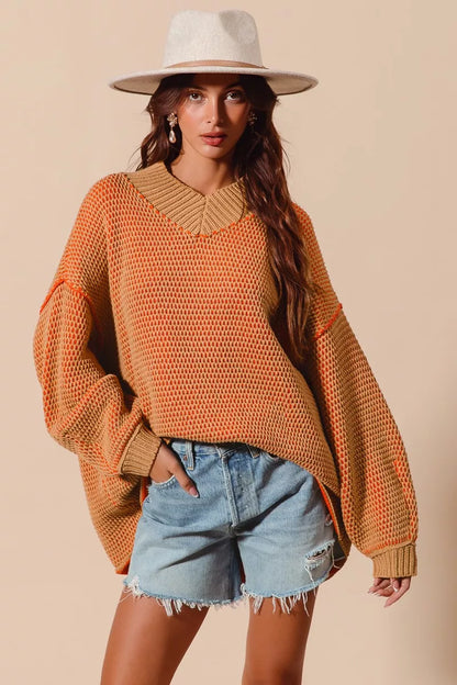Bethany Oversized Two Tone Textured V Neck Sweater