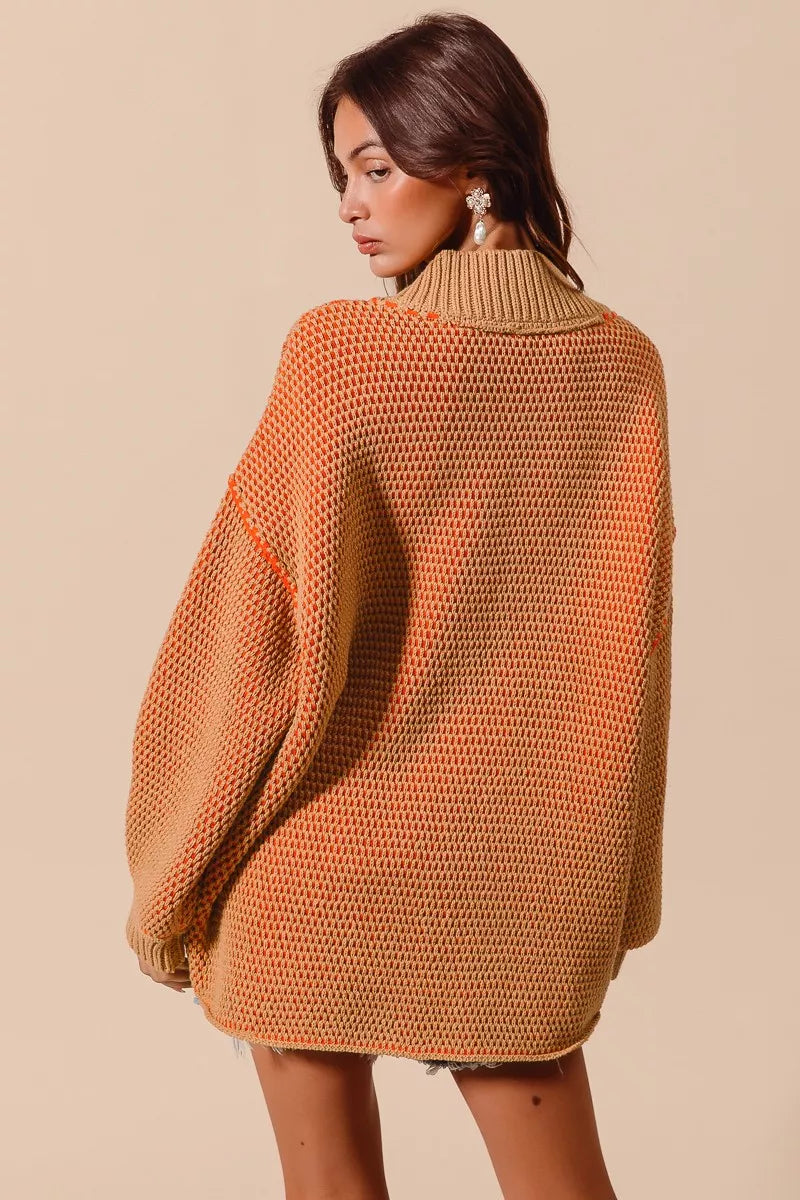 Bethany Oversized Two Tone Textured V Neck Sweater