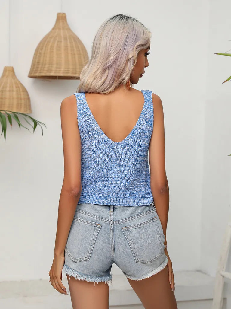 Blue Knotted V Neck Knit Camisole Top