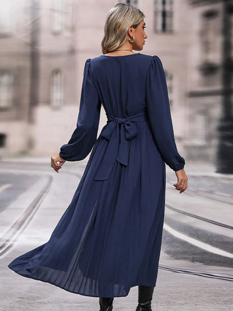 Bohemian Empire Waist Navy Slit Long Sleeve Dress