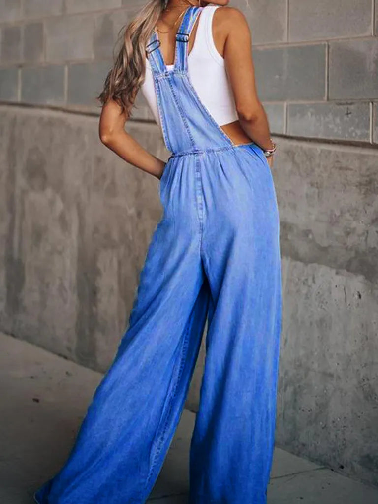 Blue Loose Fit Denim Overalls Patch Pockets Non stretch - Temu