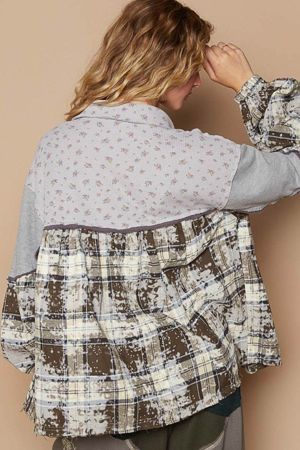 Bohemian Balloon Sleeve Floral Color Block Plaid Shirt