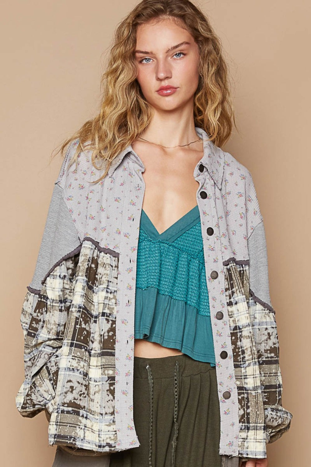 Bohemian Balloon Sleeve Floral Color Block Plaid Shirt