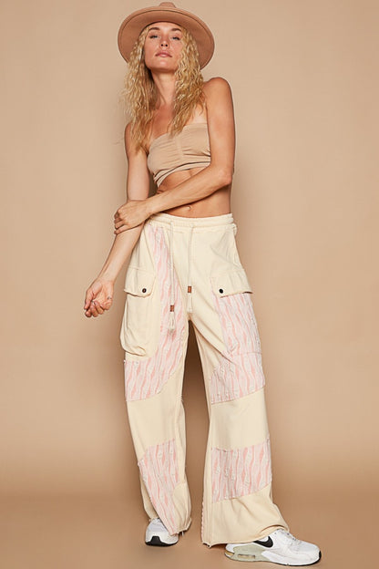 Bohemian Crochet Contrast Drawstring Wide Leg Pants