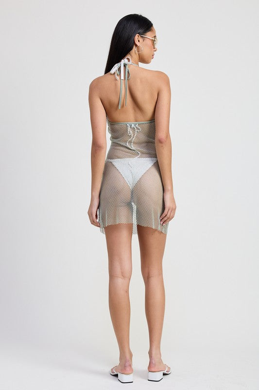 Bohemian Halter Rhinestone Mini Fishnet Coverup Dress