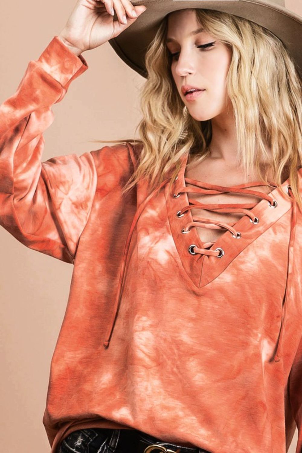 Bohemian Lace-Up Tie-Dye French Terry Long Sleeve Top