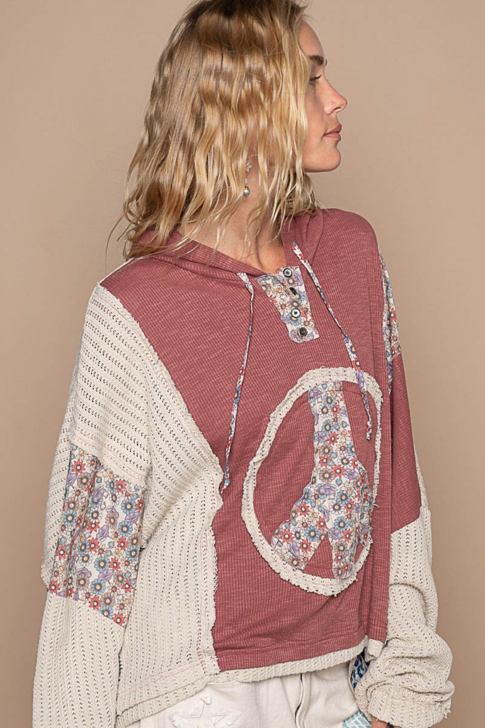 Bohemian Long Sleeve Floral Peace Patch Ribbed Hoodie