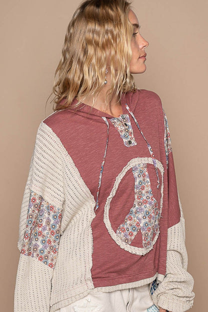 Bohemian Long Sleeve Floral Peace Patch Ribbed Hoodie