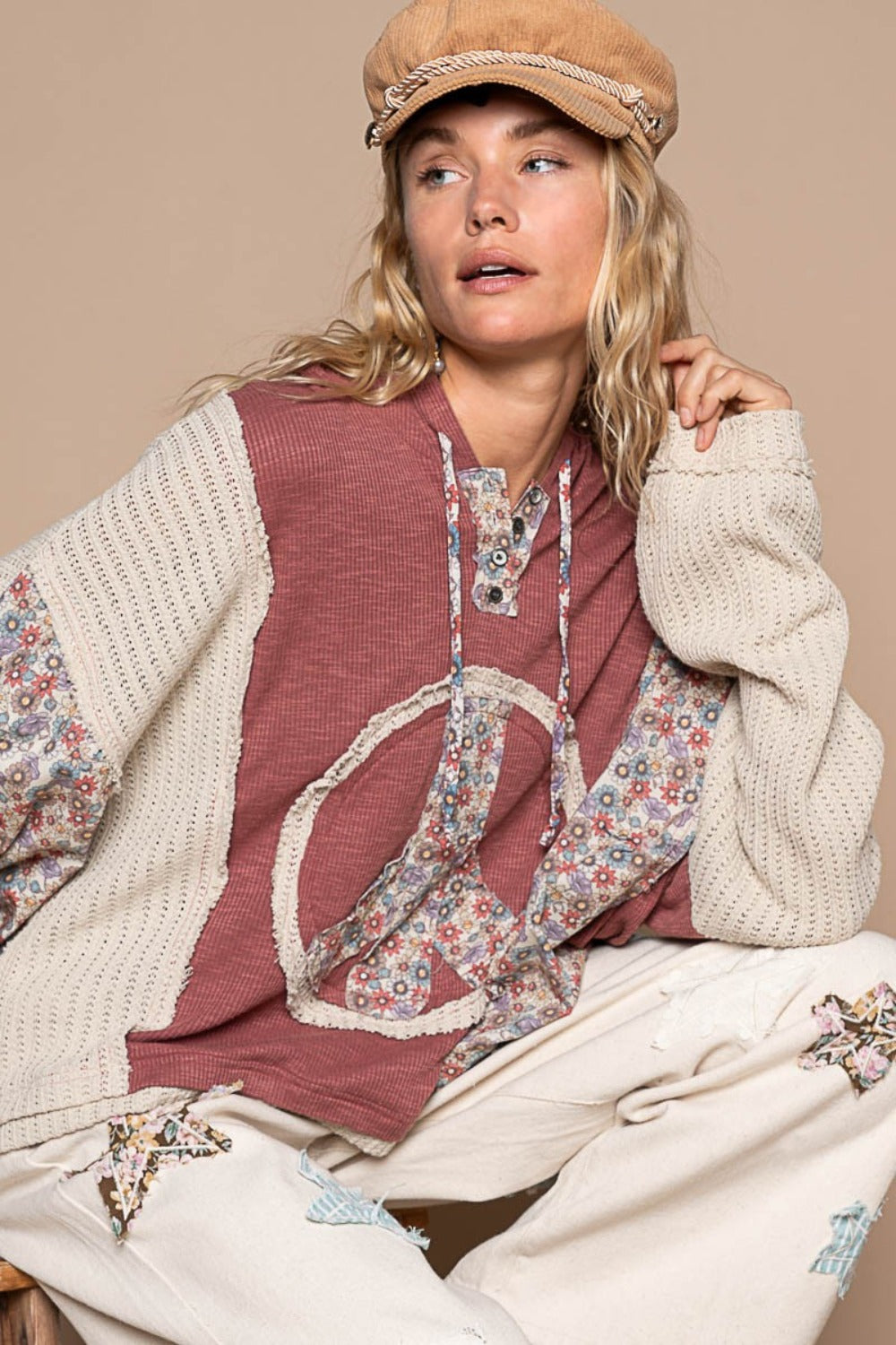 Bohemian Long Sleeve Floral Peace Patch Ribbed Hoodie