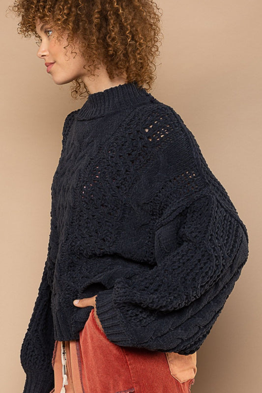 Bohemian Mock Neck Cable Knit Sweater