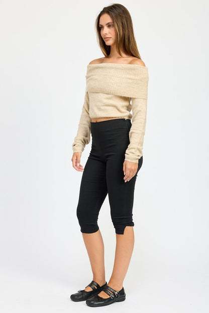 Bohemian Off Shoulder Fold Over Sweater Top