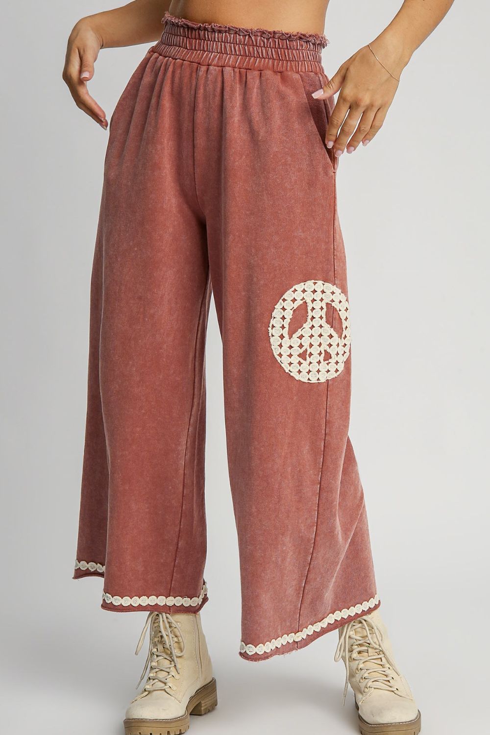 Bohemian Peace Lace Applique Mineral Wash Wide Leg Pants