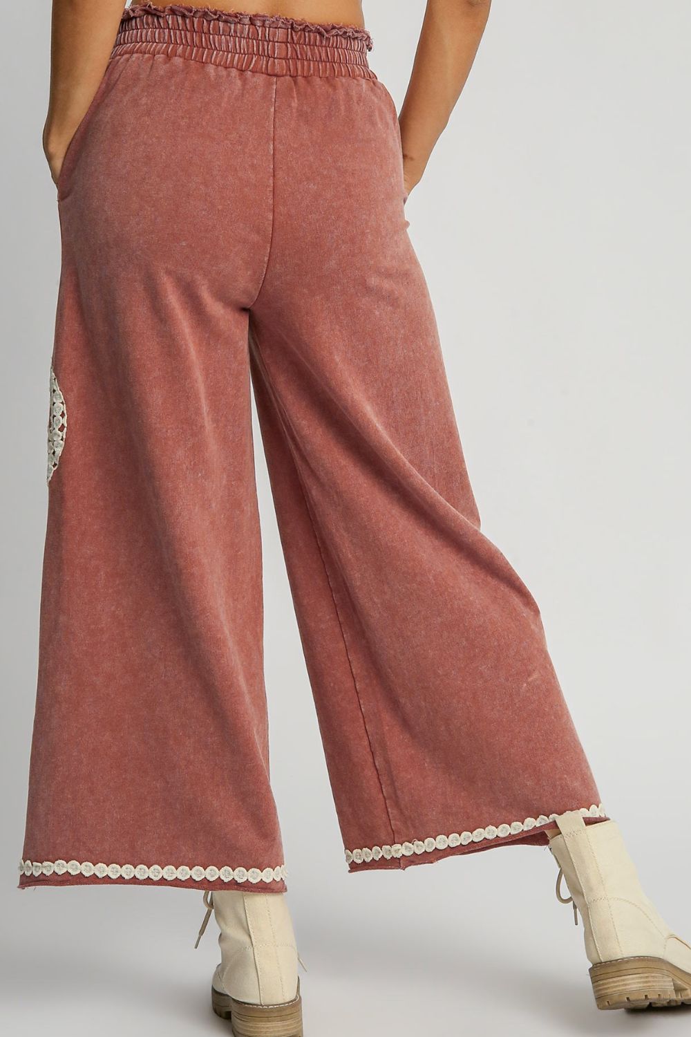 Bohemian Peace Lace Applique Mineral Wash Wide Leg Pants