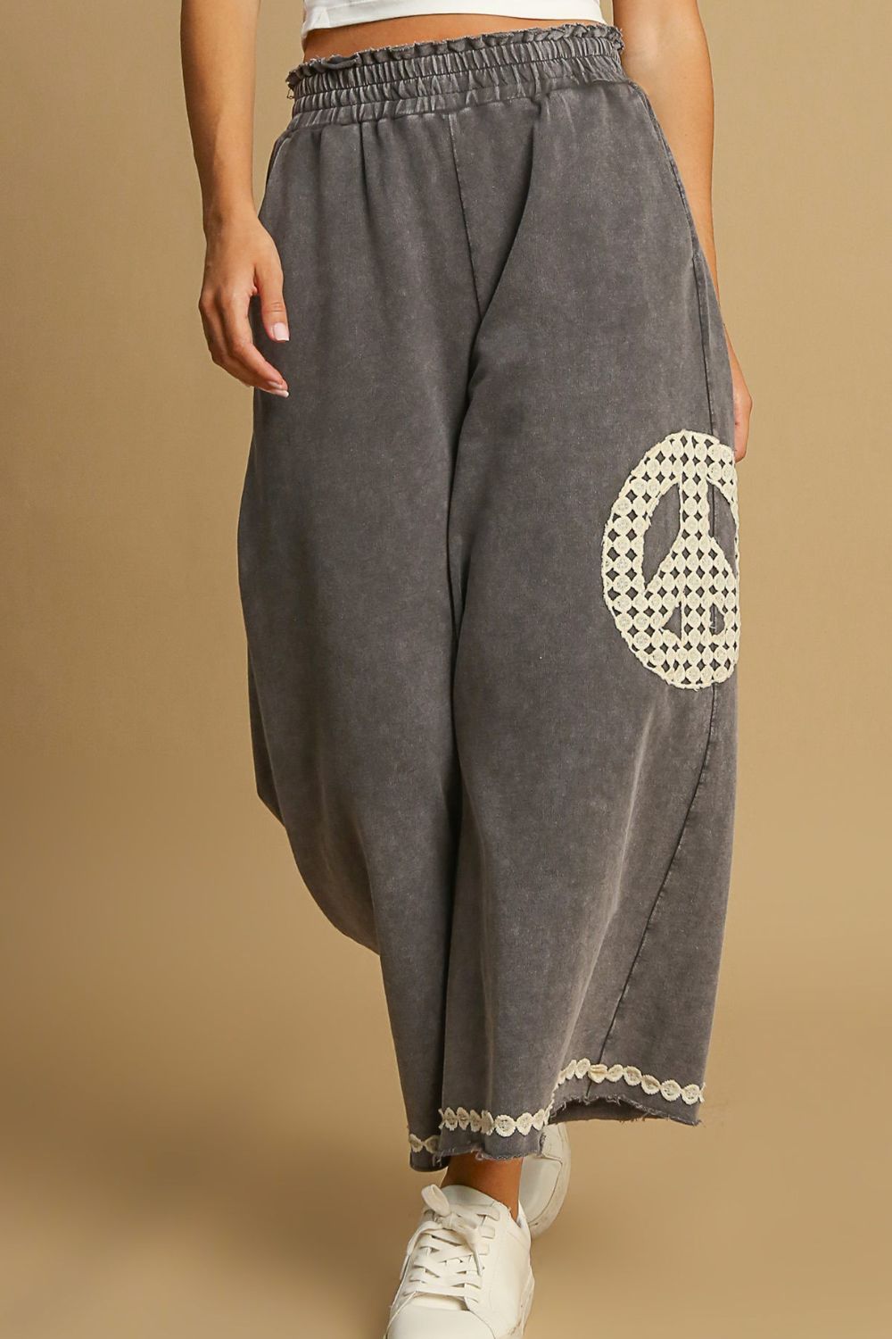 Bohemian Peace Lace Applique Mineral Wash Wide Leg Pants 