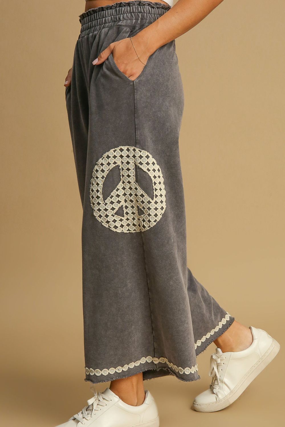 Bohemian Peace Lace Applique Mineral Wash Wide Leg Pants 