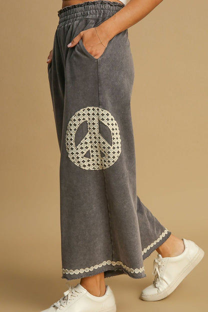Bohemian Peace Lace Applique Mineral Wash Wide Leg Pants 