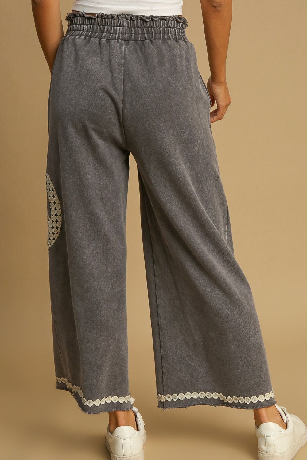 Bohemian Peace Lace Applique Mineral Wash Wide Leg Pants 