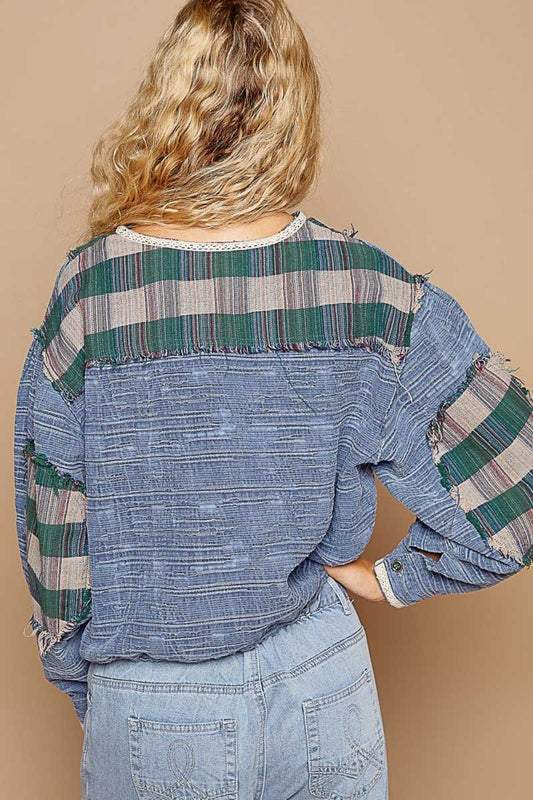 Bohemian Round Neck Long Sleeve Plaid Shirt