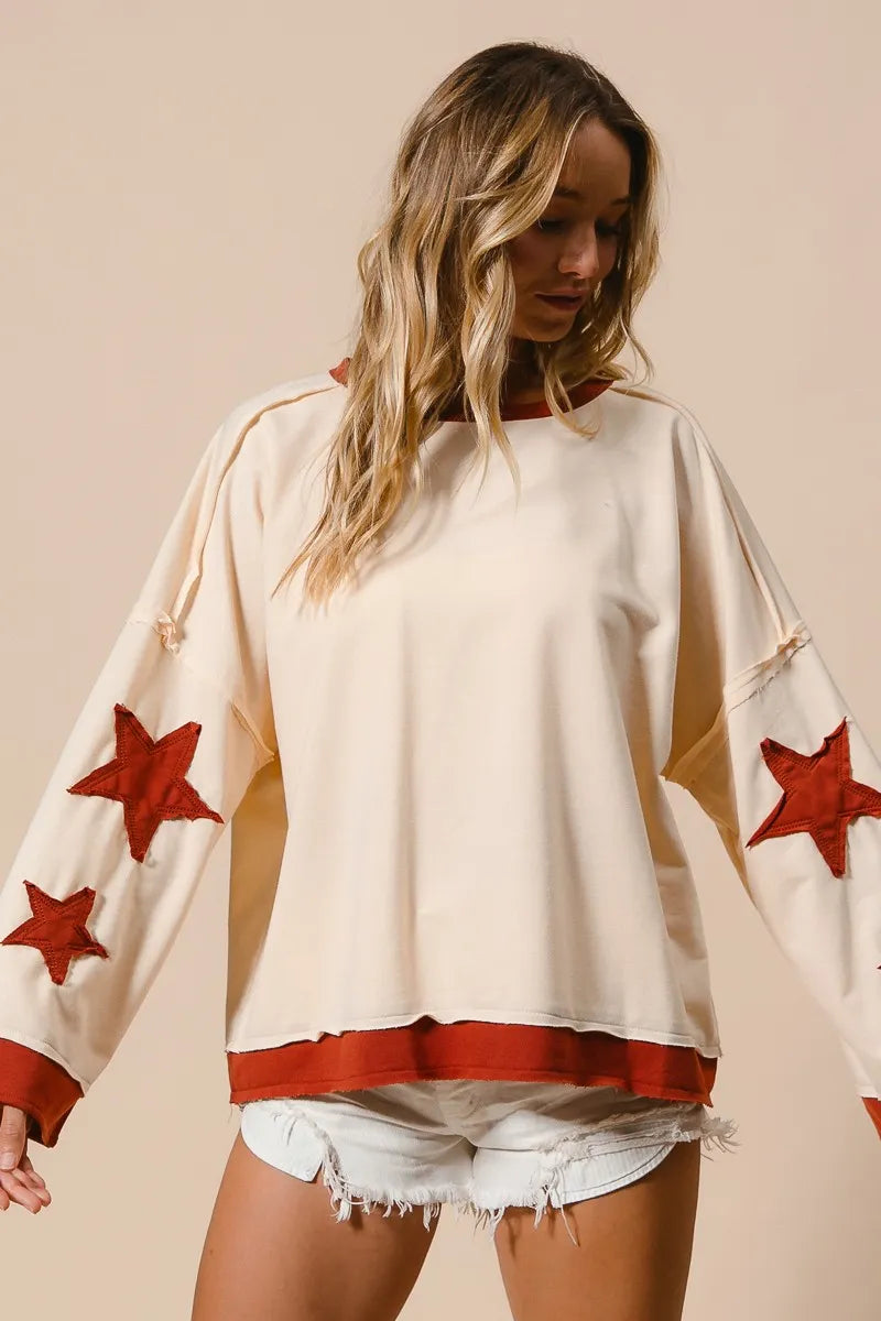 Bohemian Star Terry Top With Patch Detail Sweatshirt