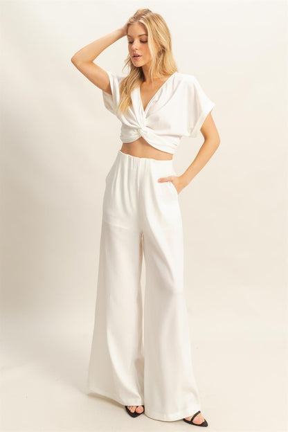 Bohemian Twisted Front Short Sleeve Top and Wide Leg Pants Set