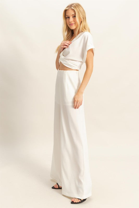 Bohemian Twisted Front Short Sleeve Top and Wide Leg Pants Set