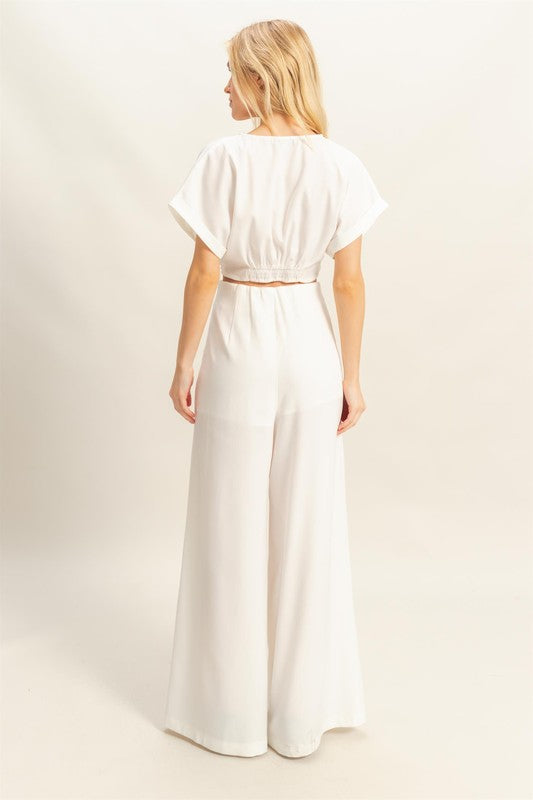 Bohemian Twisted Front Short Sleeve Top and Wide Leg Pants Set