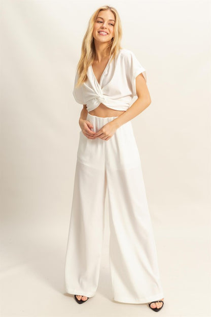 Bohemian Twisted Front Short Sleeve Top and Wide Leg Pants Set