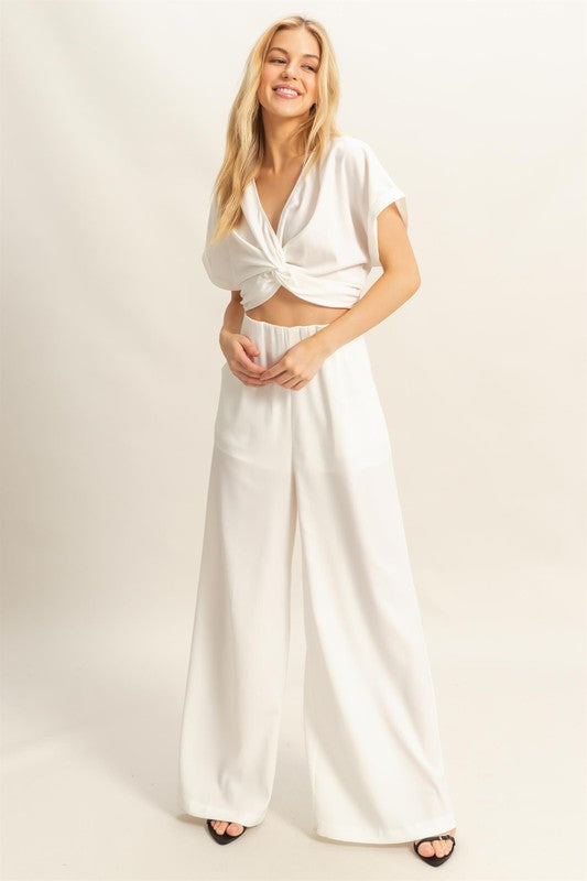 Bohemian Twisted Front Short Sleeve Top and Wide Leg Pants Set