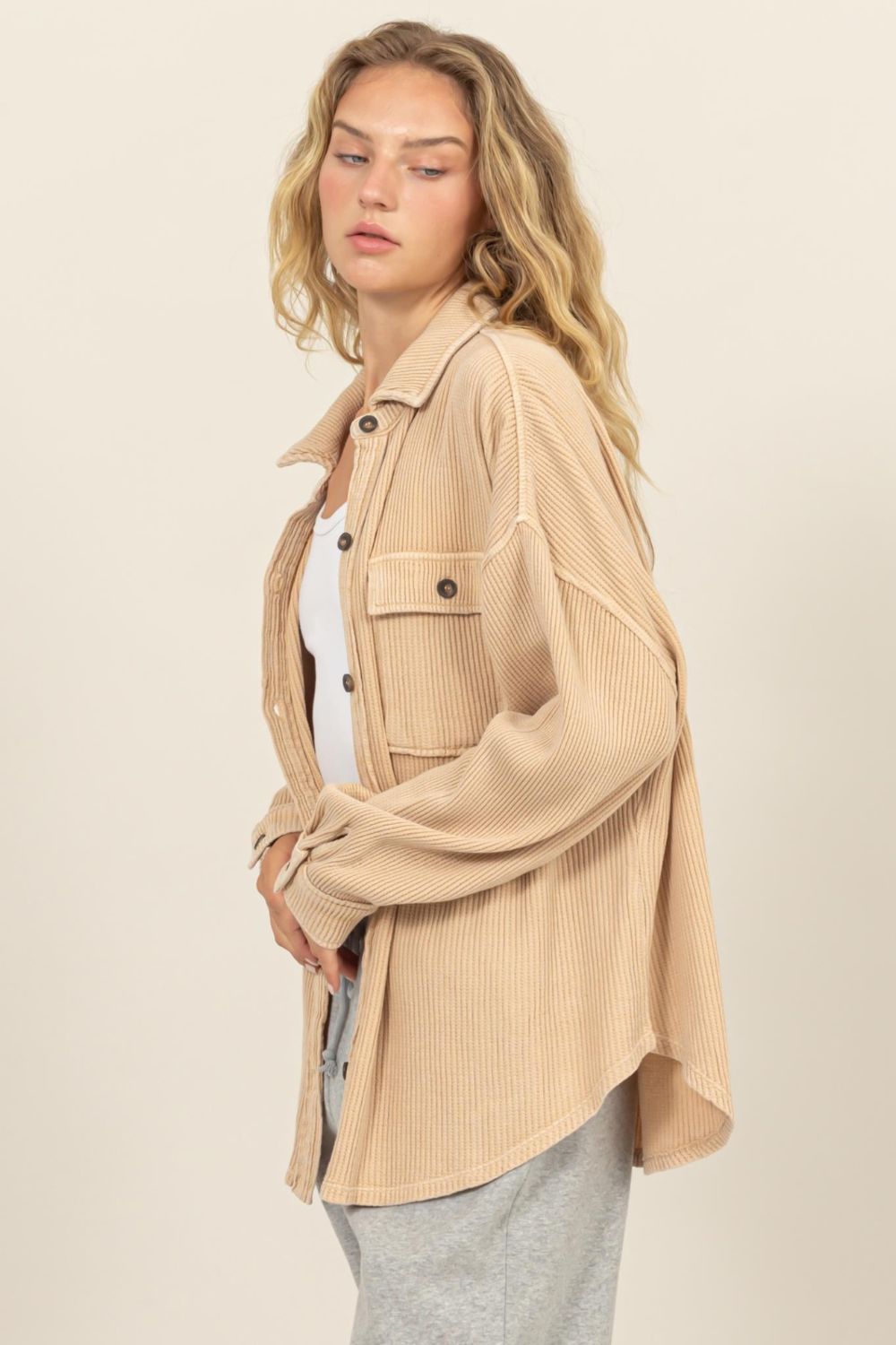 Bohemian Waffle-Knit Curved Hem Button Up Shacket