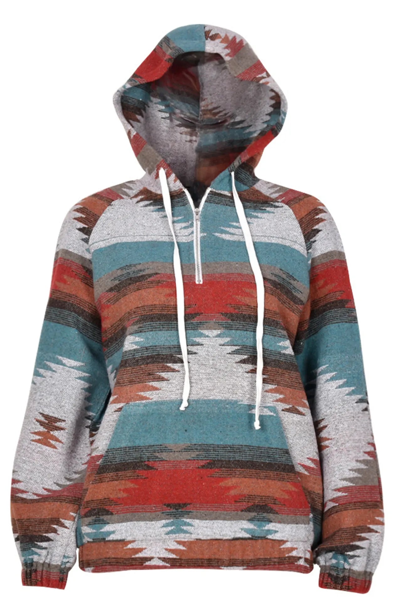 Boho Aztec Western Multi Color Drawstring Pullover Hoodie