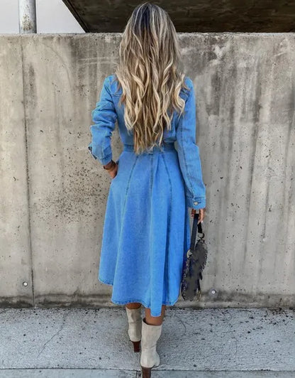 Boho Country Western Denim High Waist Flare Midi Dress- Final Sale
