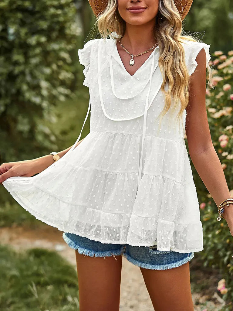 Boho Swiss Dot V-Neck Flutter Sleeves Babydoll Top
