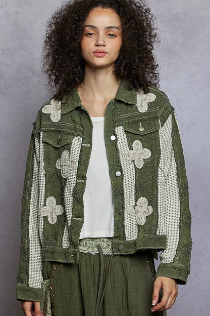 Boho Button Down Raw Hem Jacket with Floral Patch