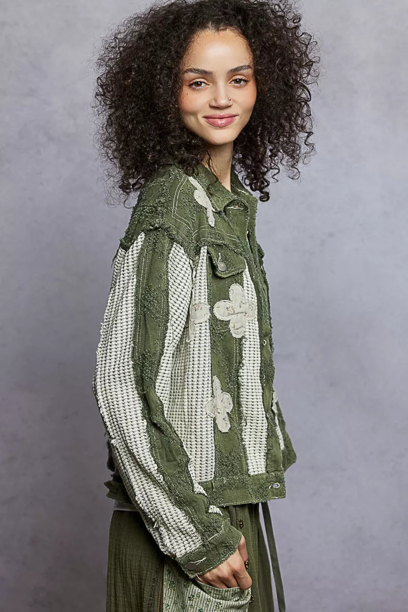 Boho Button Down Raw Hem Jacket with Floral Patch