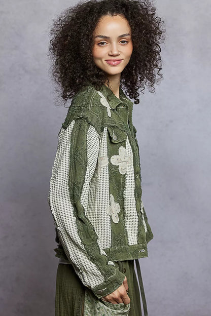 Boho Button Down Raw Hem Jacket with Floral Patch