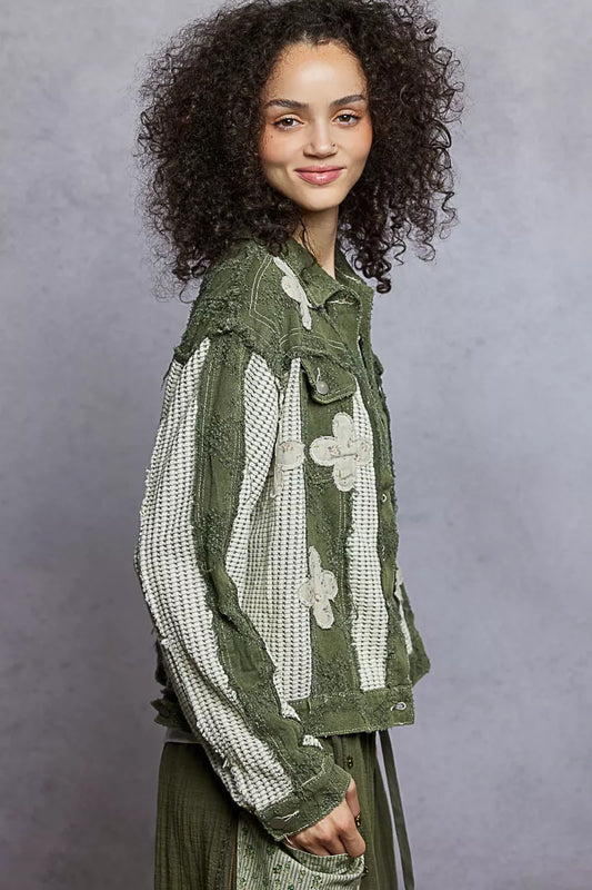 Boho Button Down Raw Hem Jacket with Floral Patch