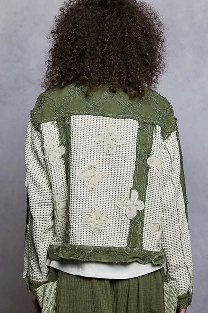 Boho Button Down Raw Hem Jacket with Floral Patch