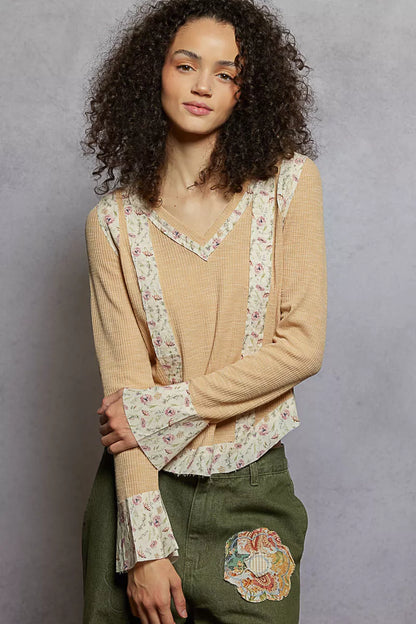 Boho Floral Patch V-Neck Long Sleeve Ribbed Top