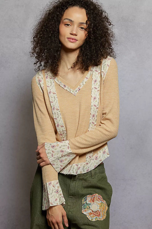 Boho Floral Patch V-Neck Long Sleeve Ribbed Top