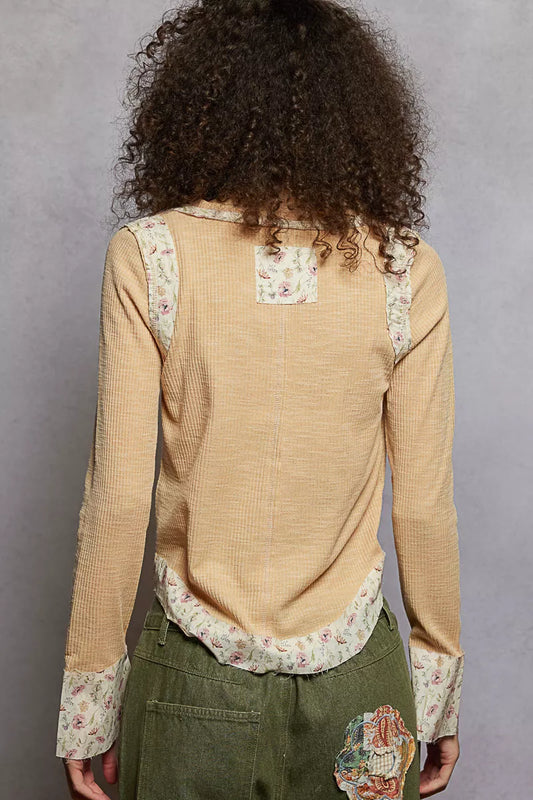 Boho Floral Patch V-Neck Long Sleeve Ribbed Top