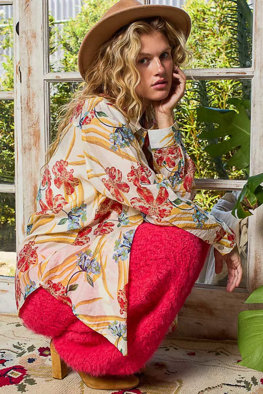 Boho Floral Print Button Down Long Sleeve Shirt