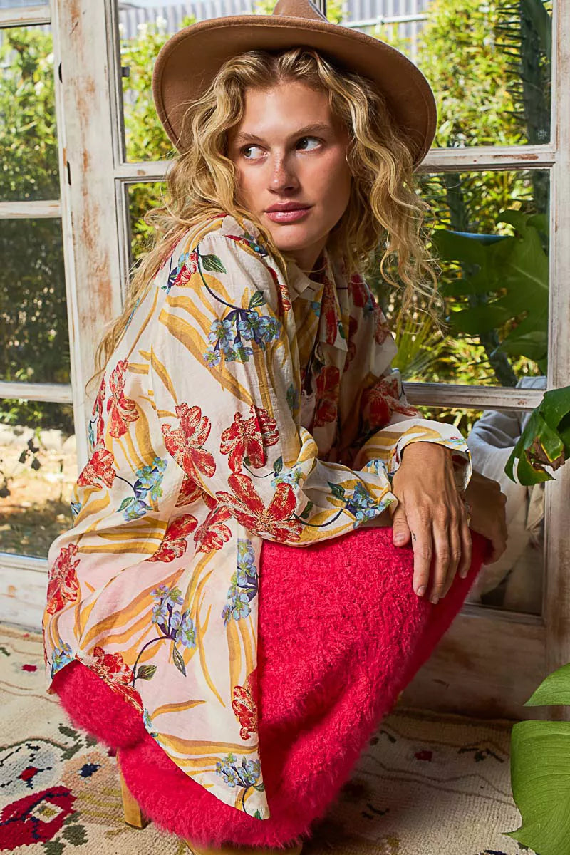 Boho Floral Print Button Down Long Sleeve Shirt