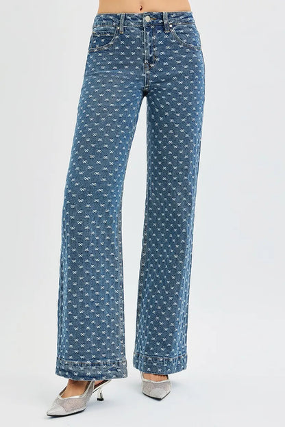 Boho High Rise Wide Leg Bow Embroidered Jeans