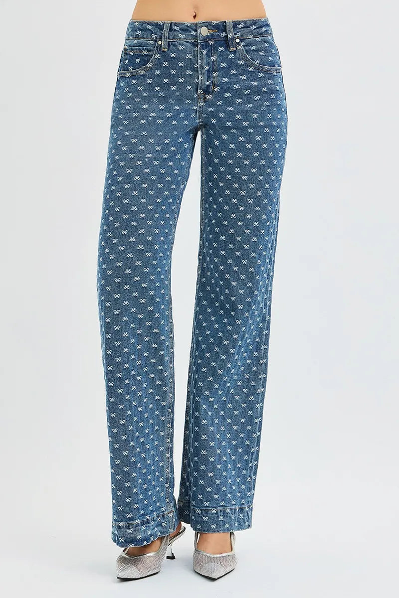Boho High Rise Wide Leg Bow Embroidered Jeans
